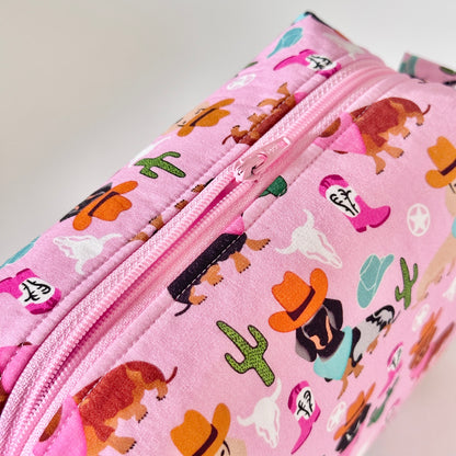 pink western dog  patterned cotton makeup cosmetic bags 