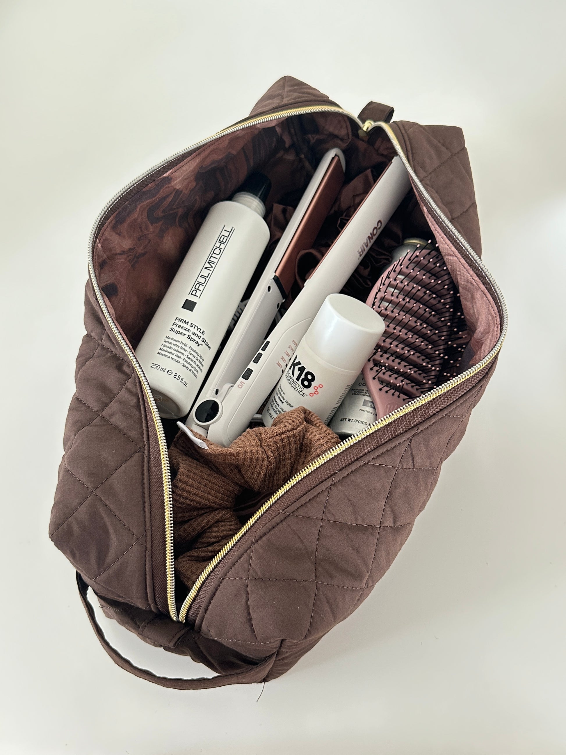 brown quilted hair tool bag