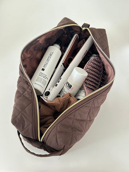 brown quilted hair tool bag