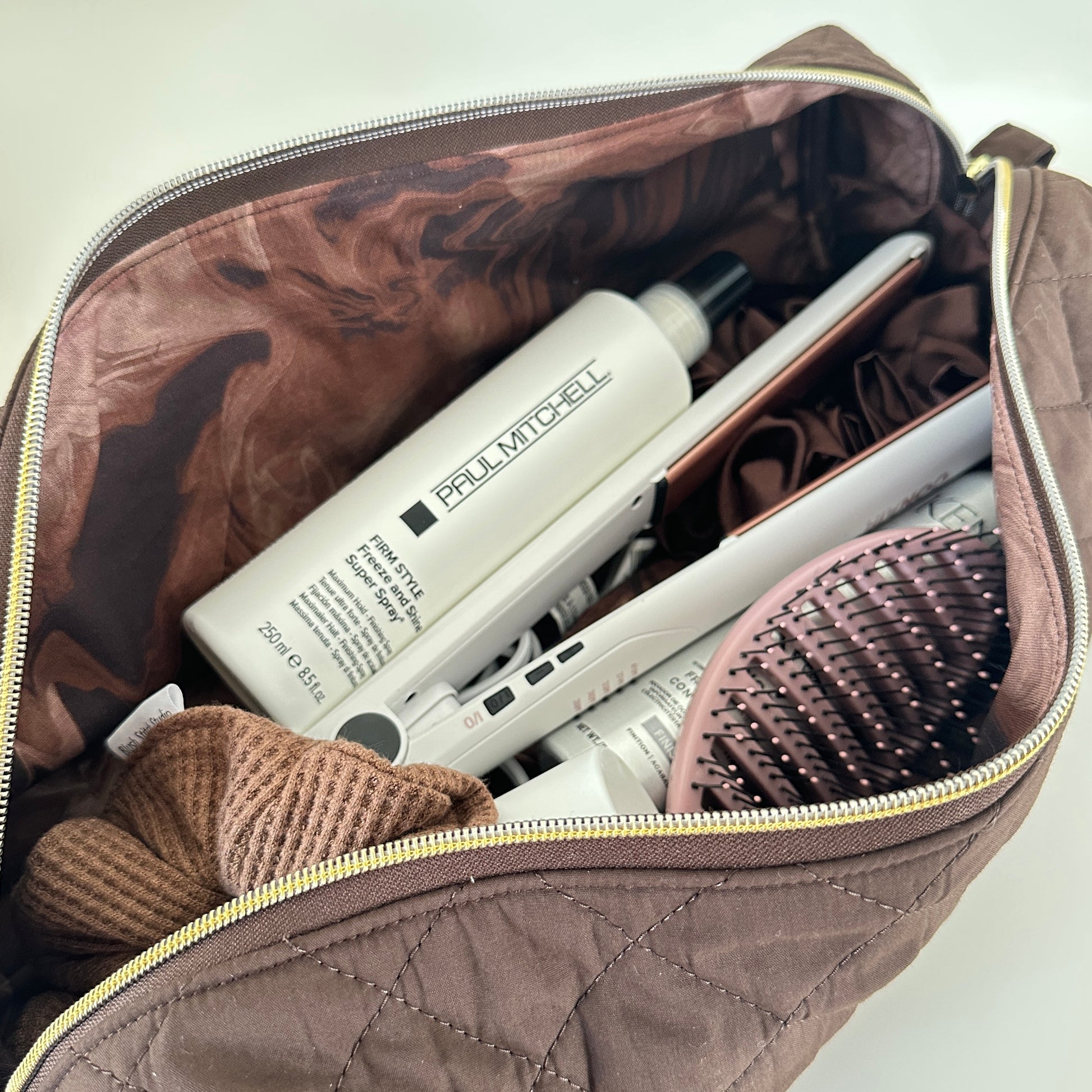 brown quilted hair tool bag