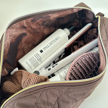 brown quilted hair tool bag
