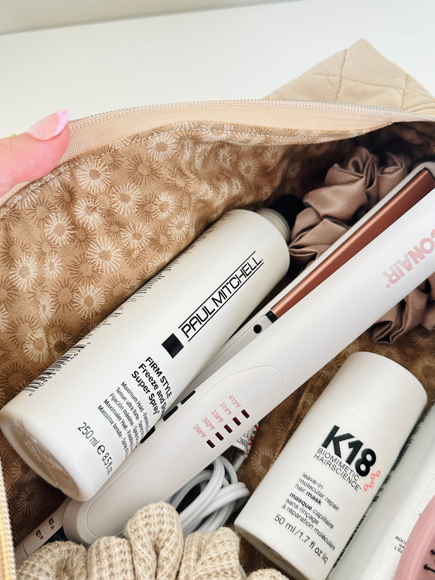 beige hair tool bag