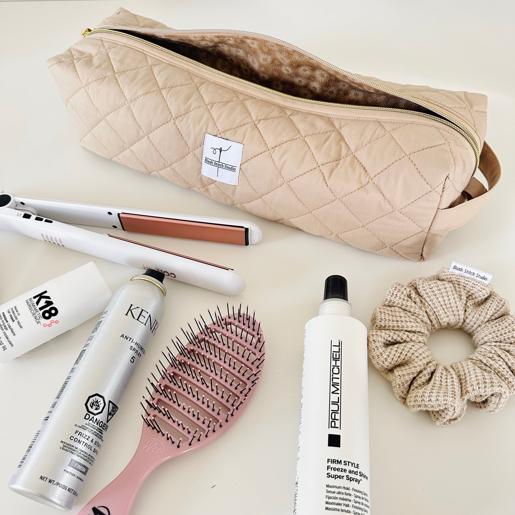 beige hair tool bag