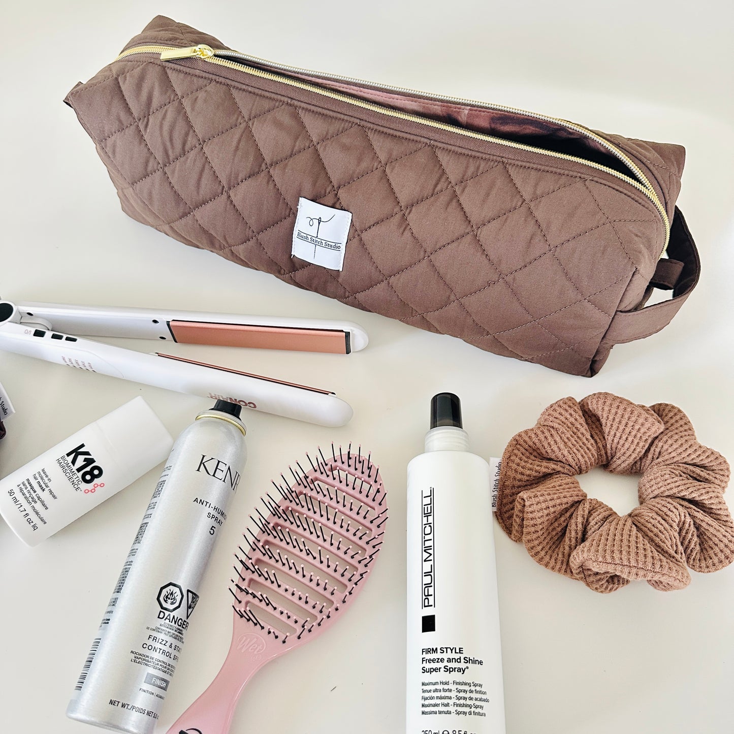 brown quilted hair tool bag