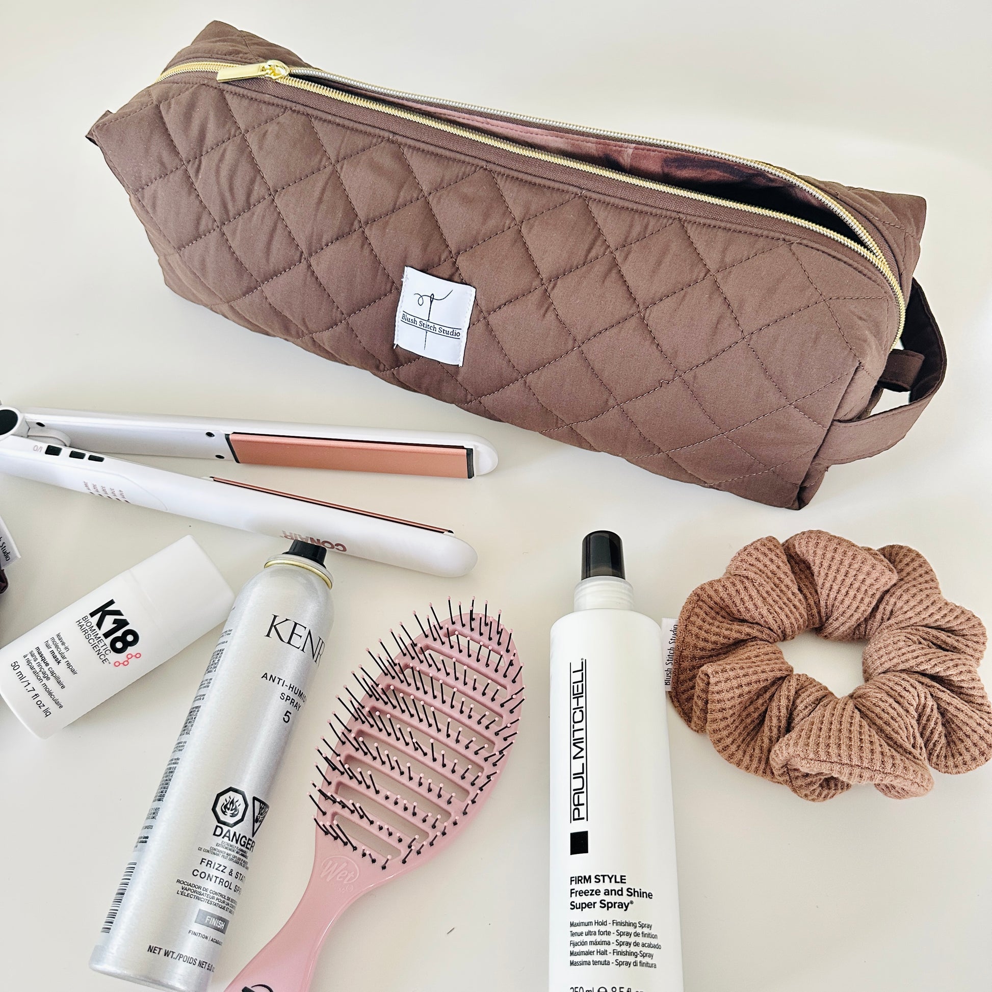 brown quilted hair tool bag