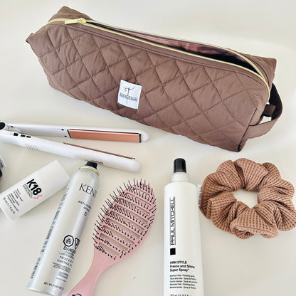brown quilted hair tool bag