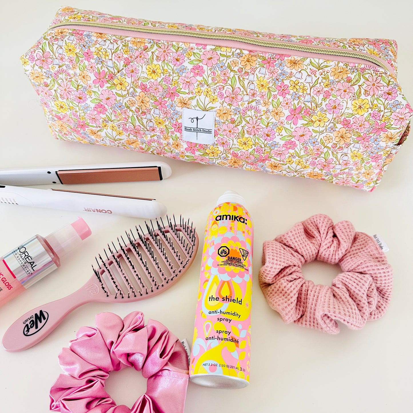 quilted rainbow floral hair tool bag