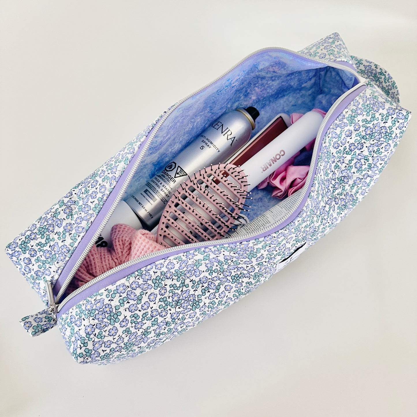 Quilted Periwinkle Floral Hair Tool Bag