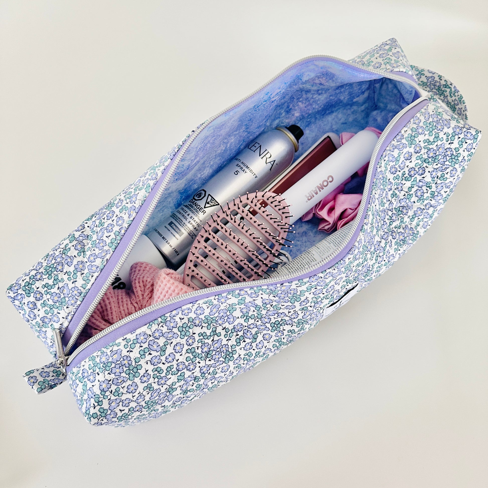 Quilted Periwinkle Floral Hair Tool Bag