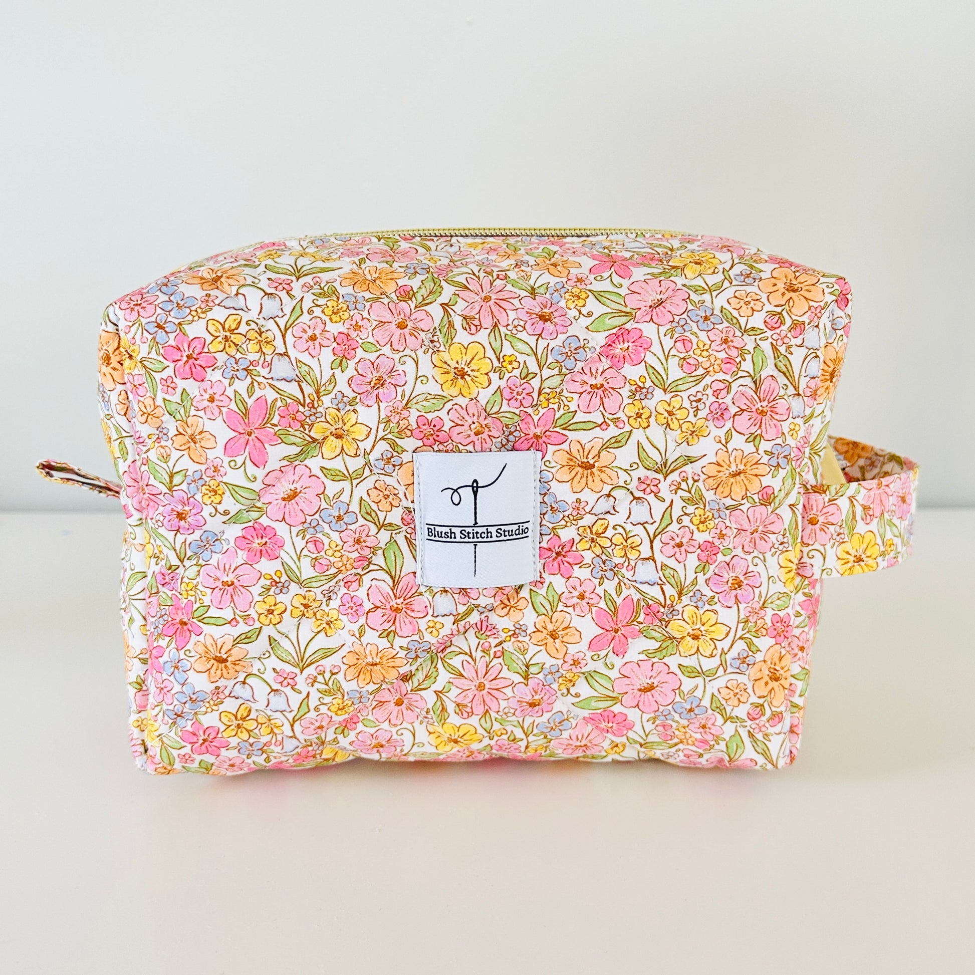 rainbow floral quilted makeup bag. made in canada