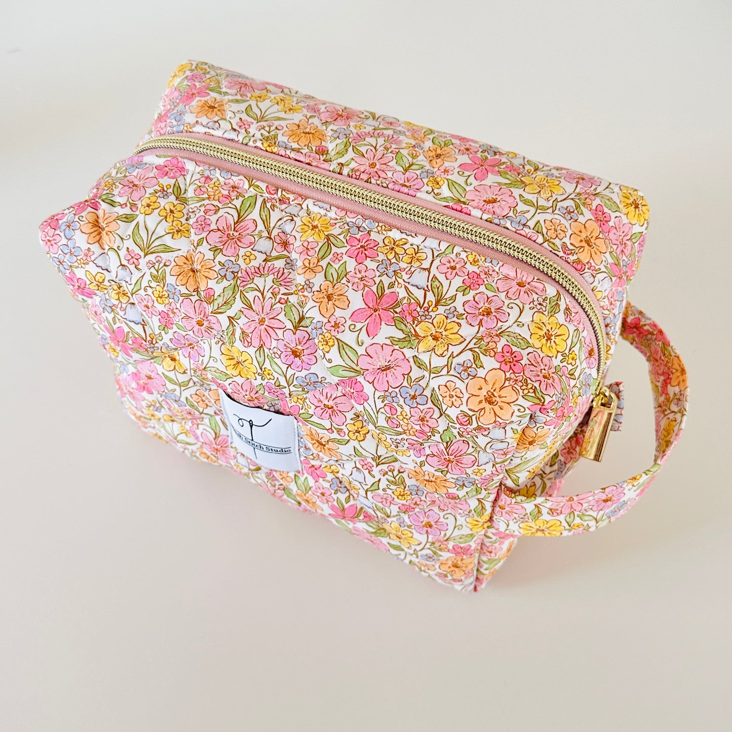 rainbow floral quilted makeup bag. made in canada