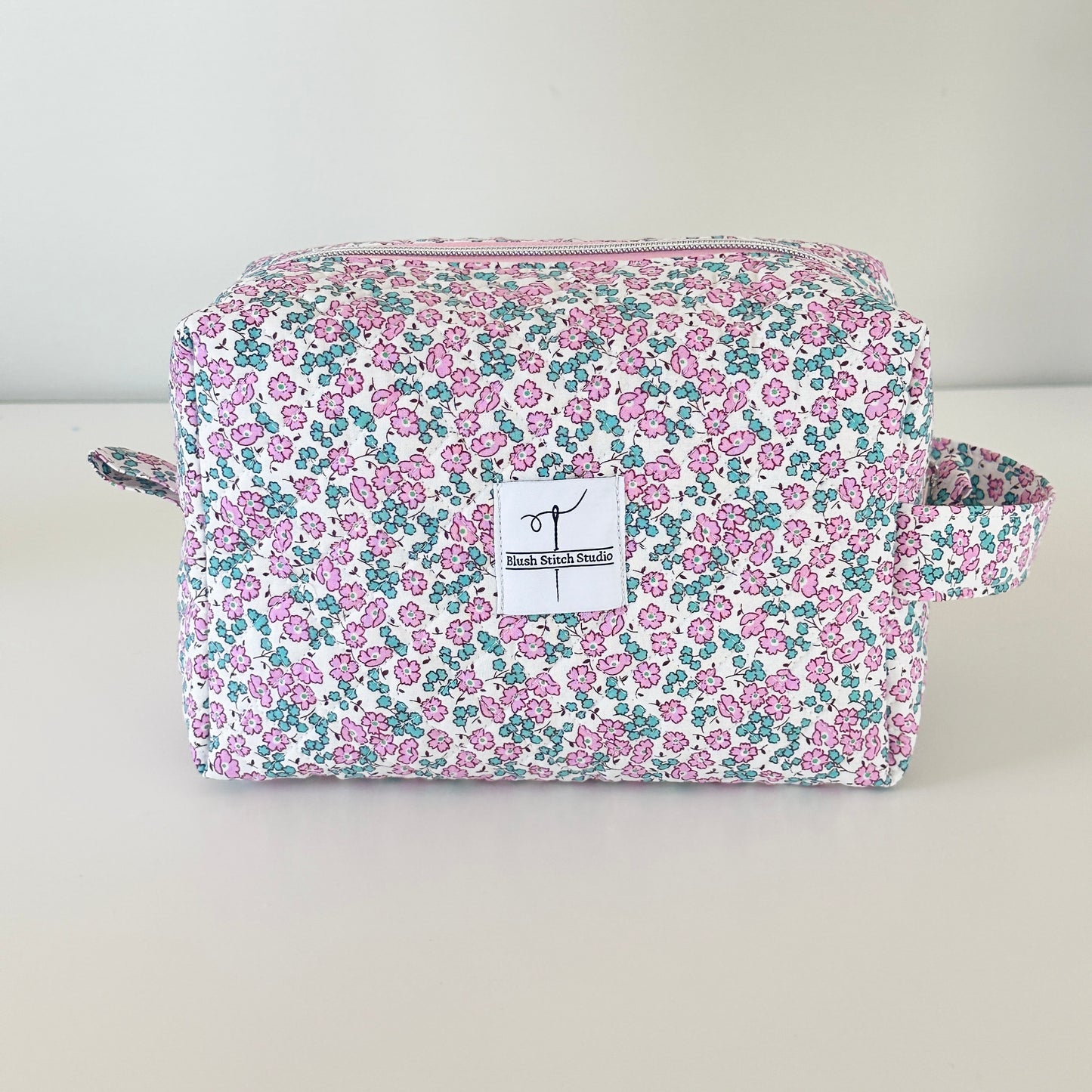 Pink Floral Quilted Makeup Bag. Made in Canada