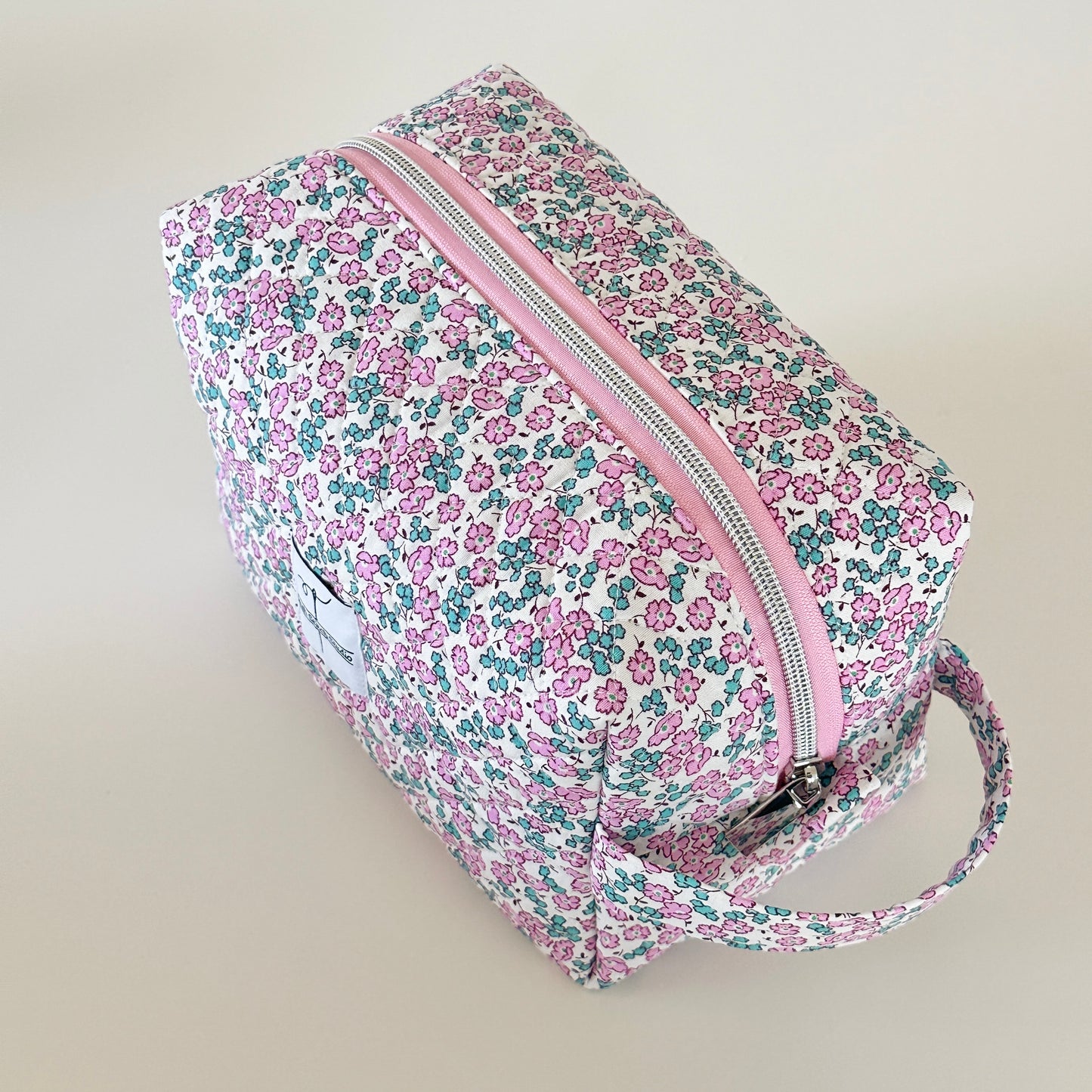 Pink Floral Quilted Makeup Bag. Made in Canada