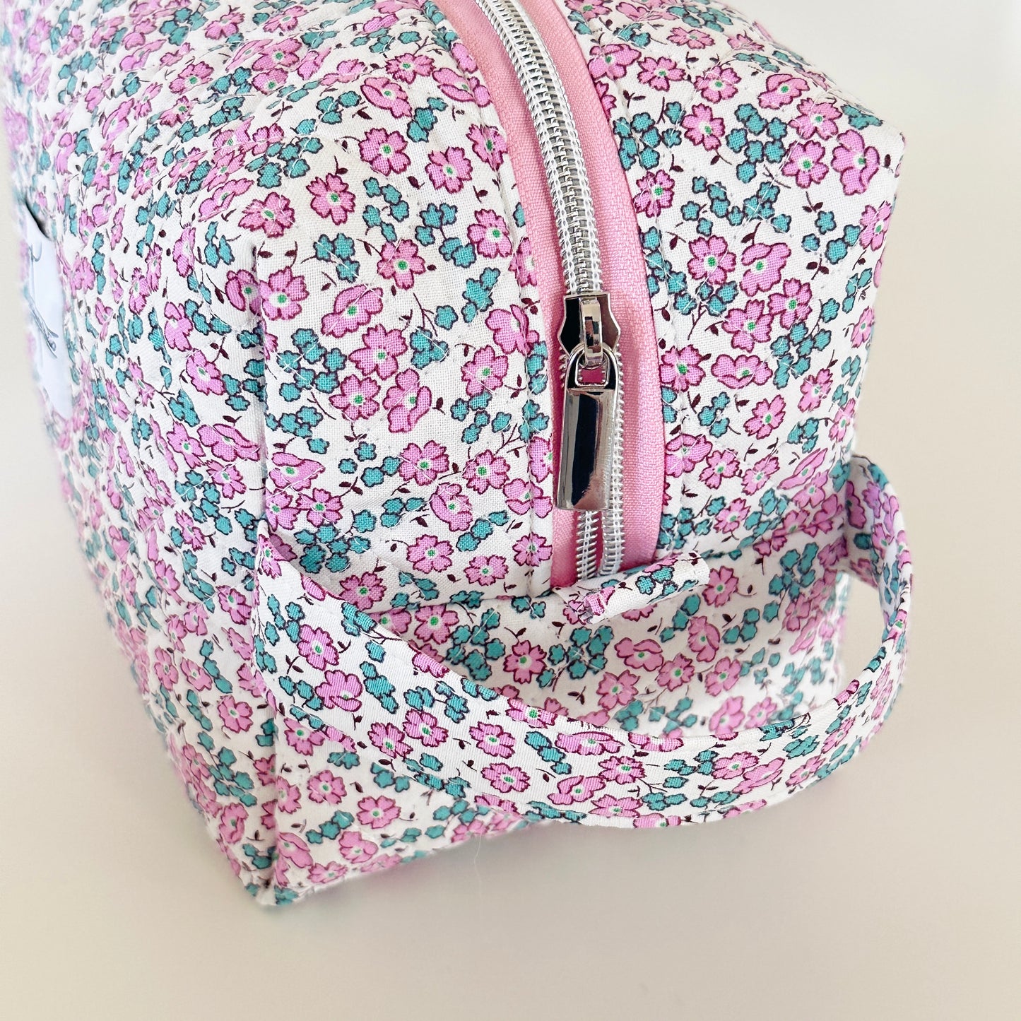 Pink Floral Quilted Makeup Bag. Made in Canada