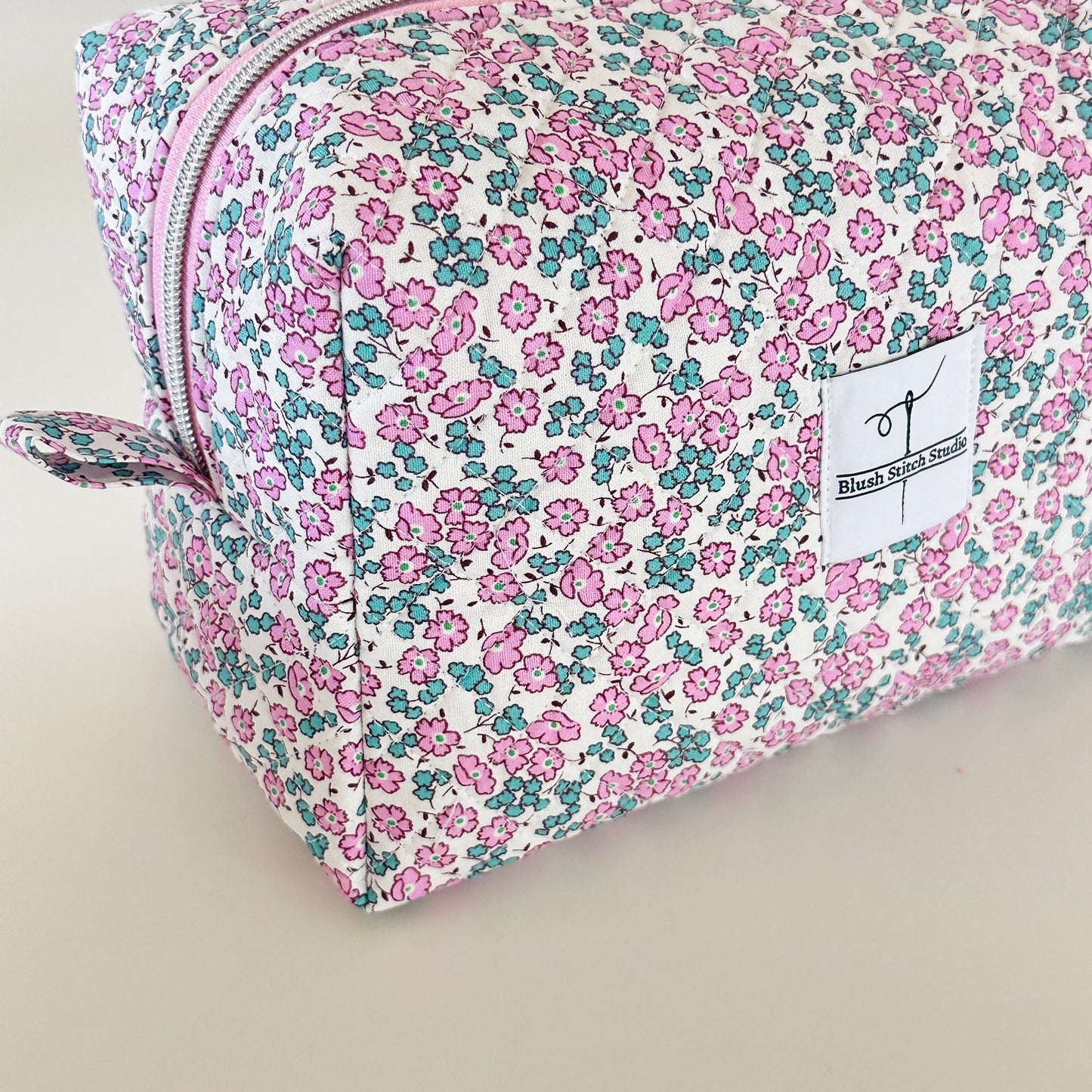 Pink Floral Quilted Makeup Bag. Made in Canada