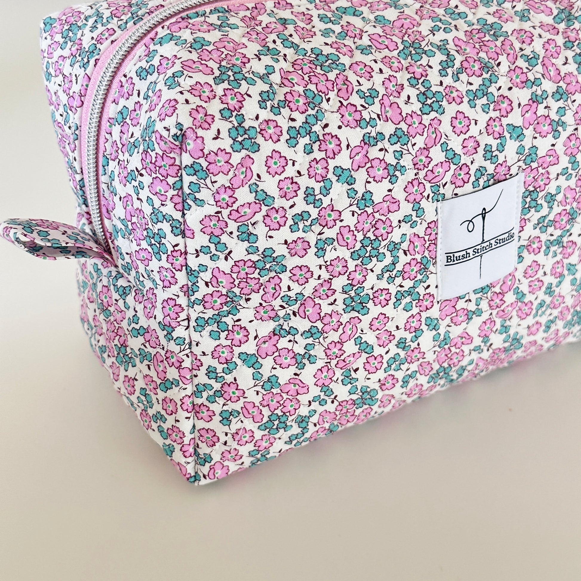Pink Floral Quilted Makeup Bag. Made in Canada