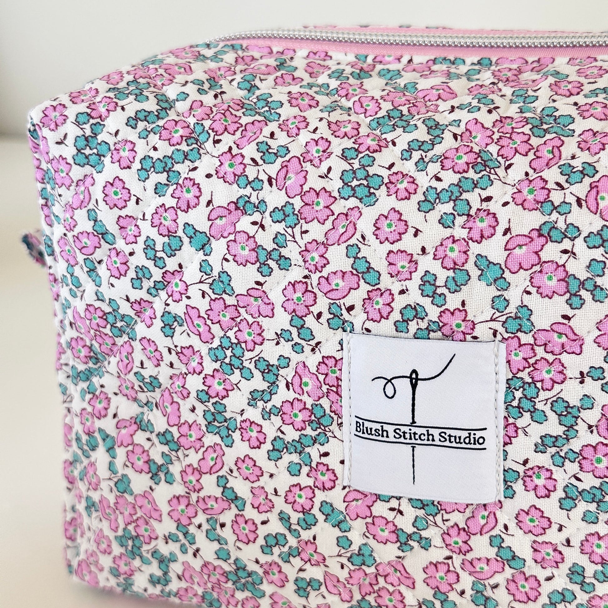 Pink Floral Quilted Makeup Bag. Made in Canada