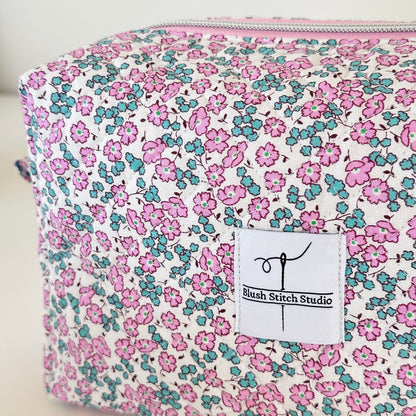 Pink Floral Quilted Makeup Bag. Made in Canada