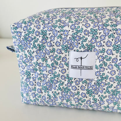 Blue Floral Quilted Makeup bag. Made in Canada