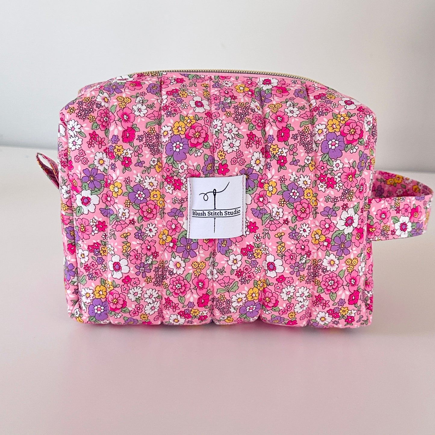 pink floral quilted makeup bag. made in canada