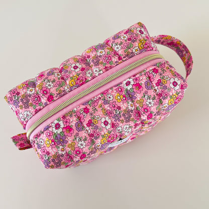 pink floral quilted makeup bag. made in canada