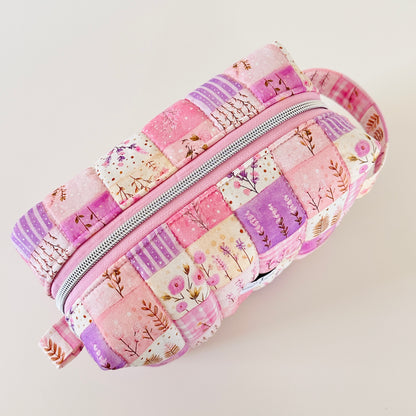 pink quilted patchwork makeup bag. made in canada. 