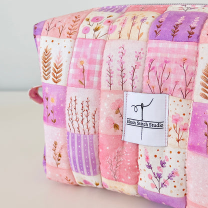 pink quilted patchwork makeup bag. made in canada. 
