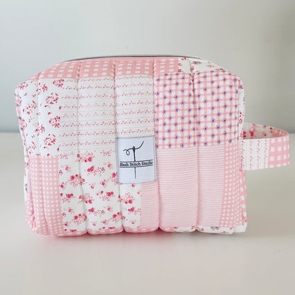 pink patchwork quilted makeup bag. made in canada