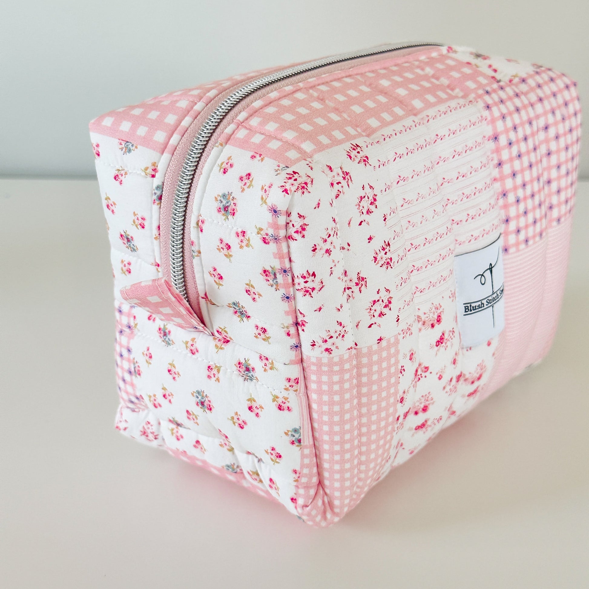 pink patchwork quilted makeup bag. made in canada