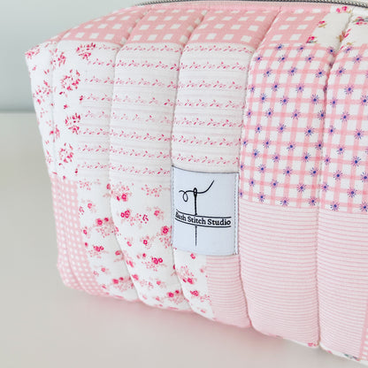 pink patchwork quilted makeup bag. made in canada