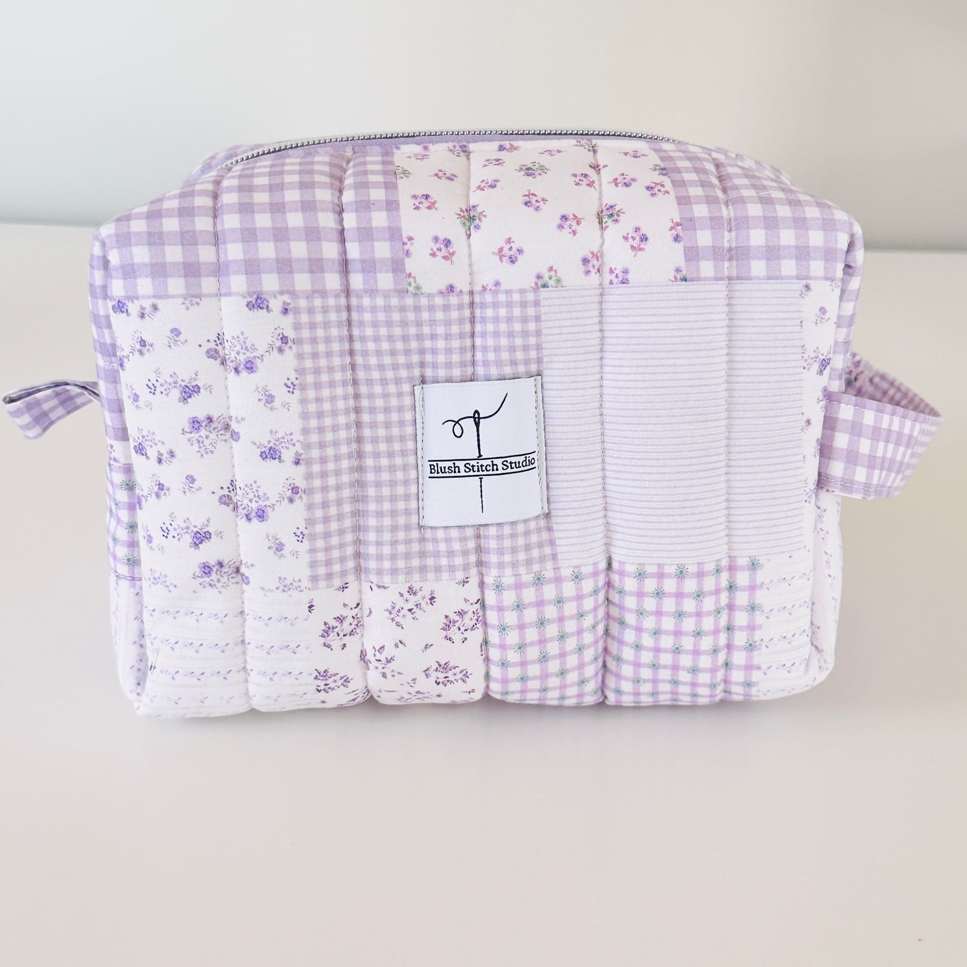 lilac purple quilted patchwork makeup bag. made in canada 