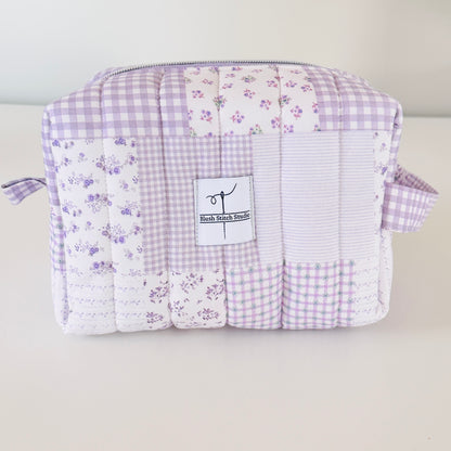 lilac purple quilted patchwork makeup bag. made in canada 