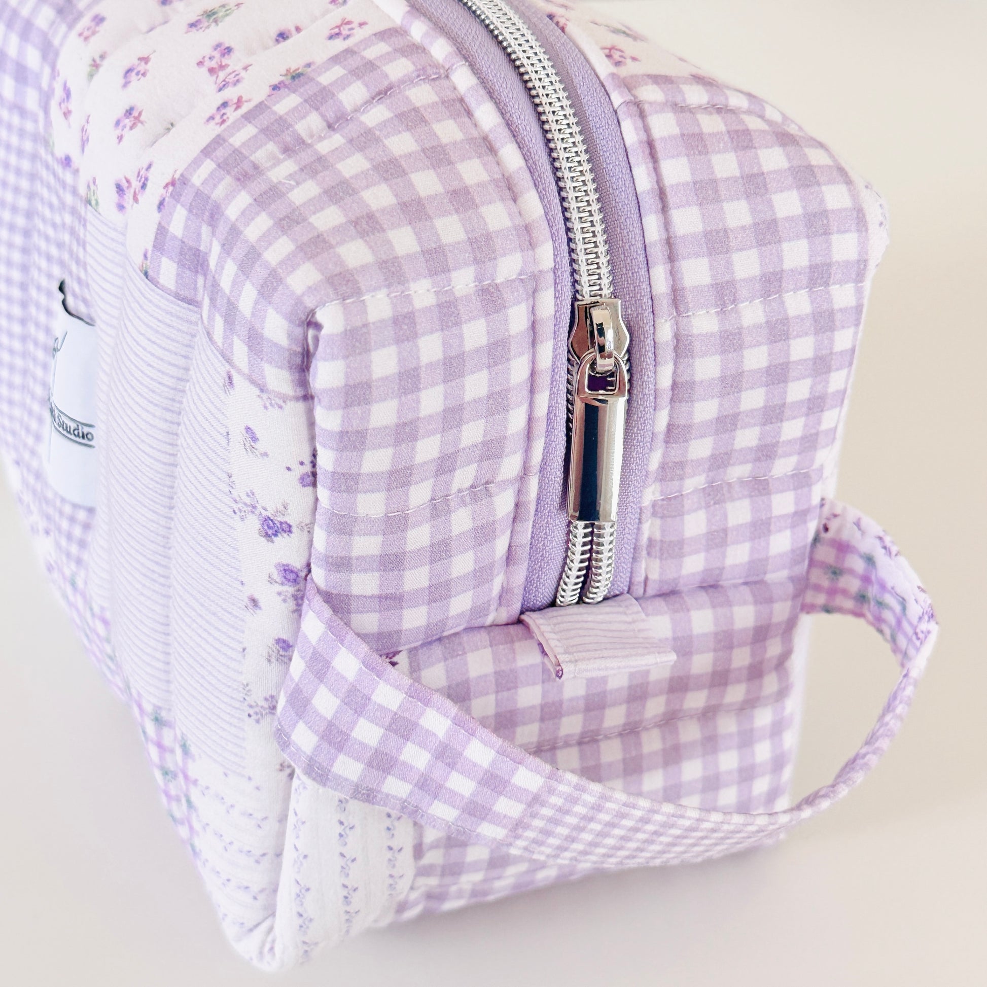 lilac purple quilted patchwork makeup bag. made in canada 