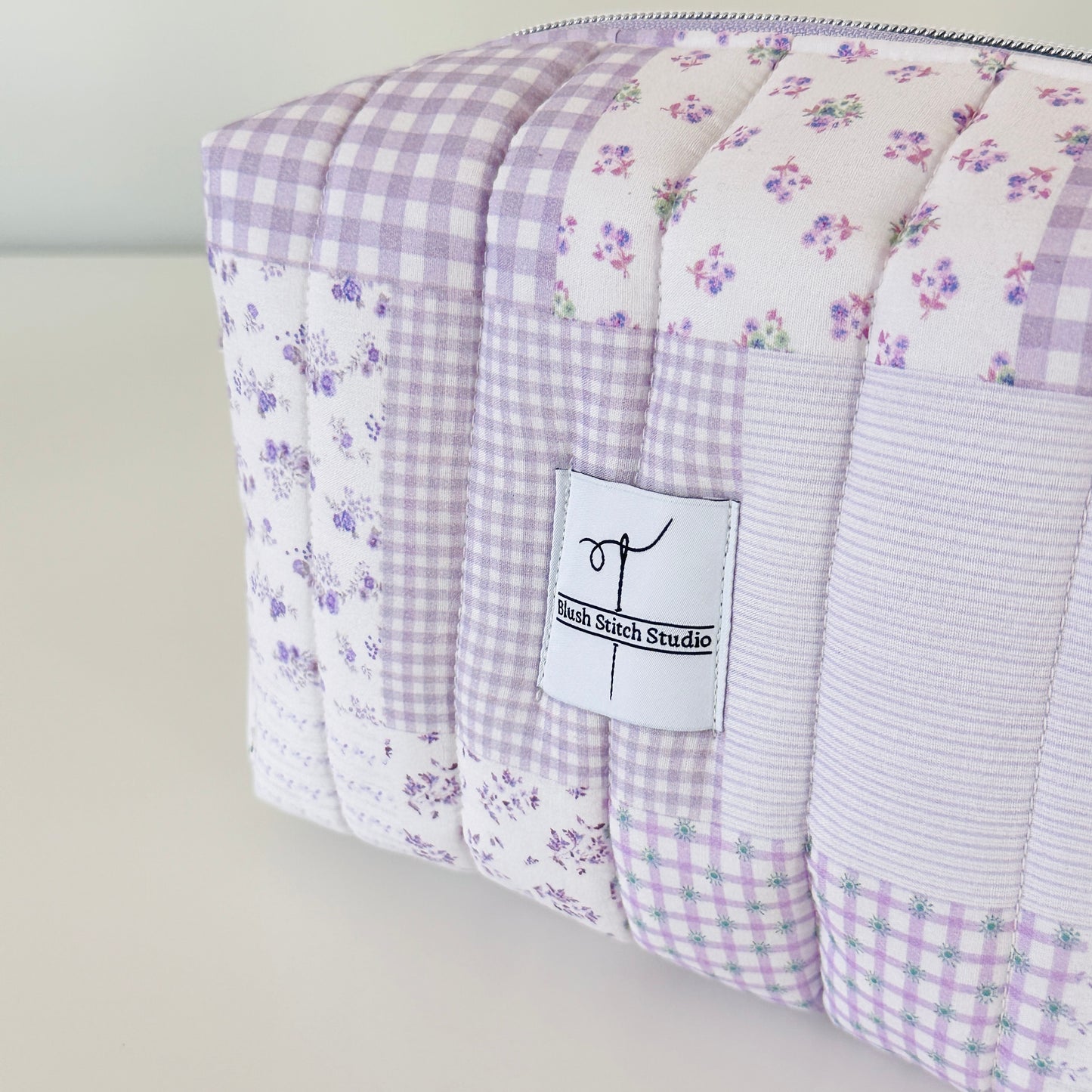 lilac purple quilted patchwork makeup bag. made in canada 
