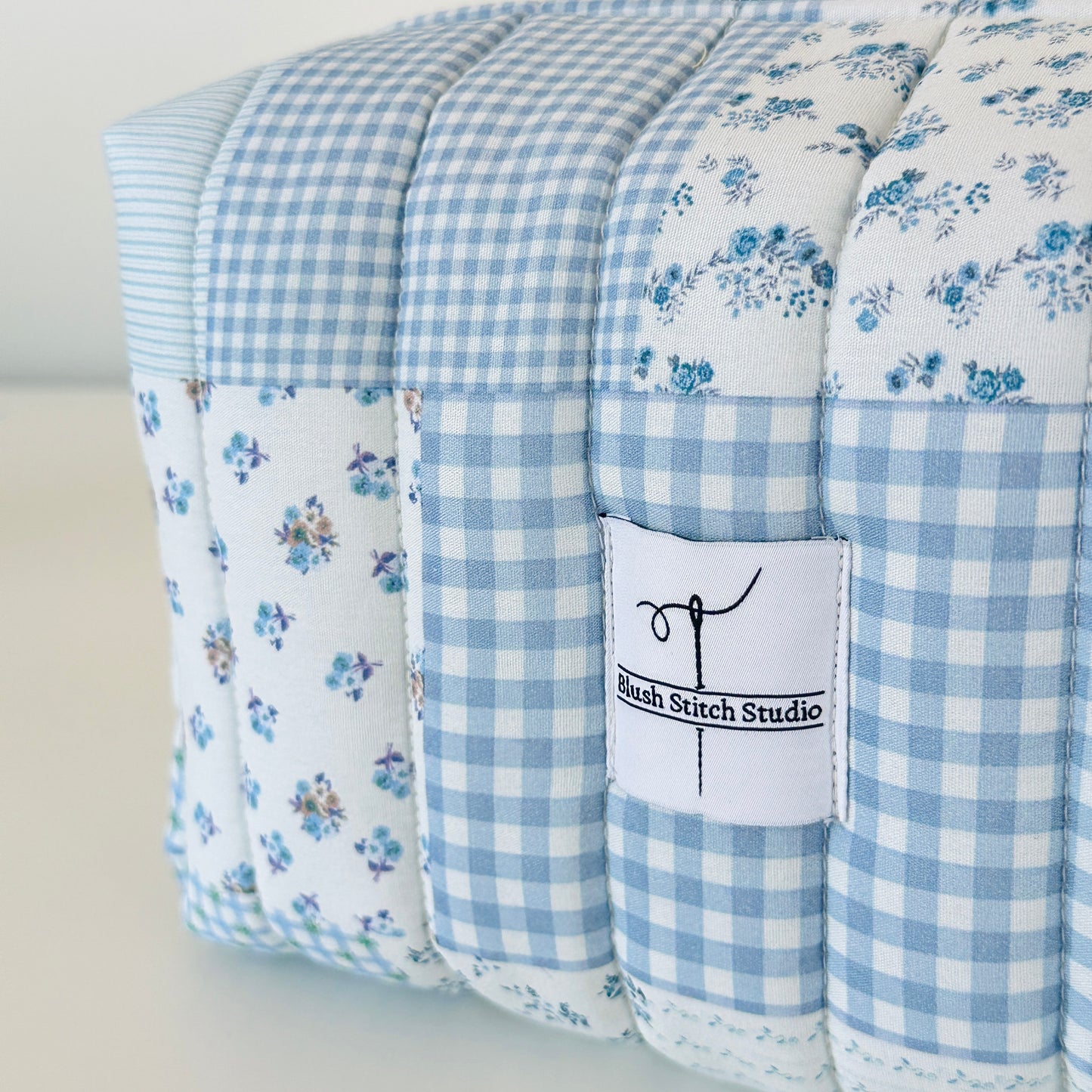 blue patchwork quilted makeup bag cosmetic pouch. made in canada. 