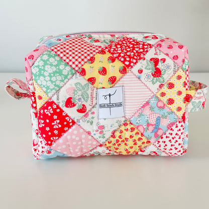 strawberry patchwork quilted makeup bag. made in canada