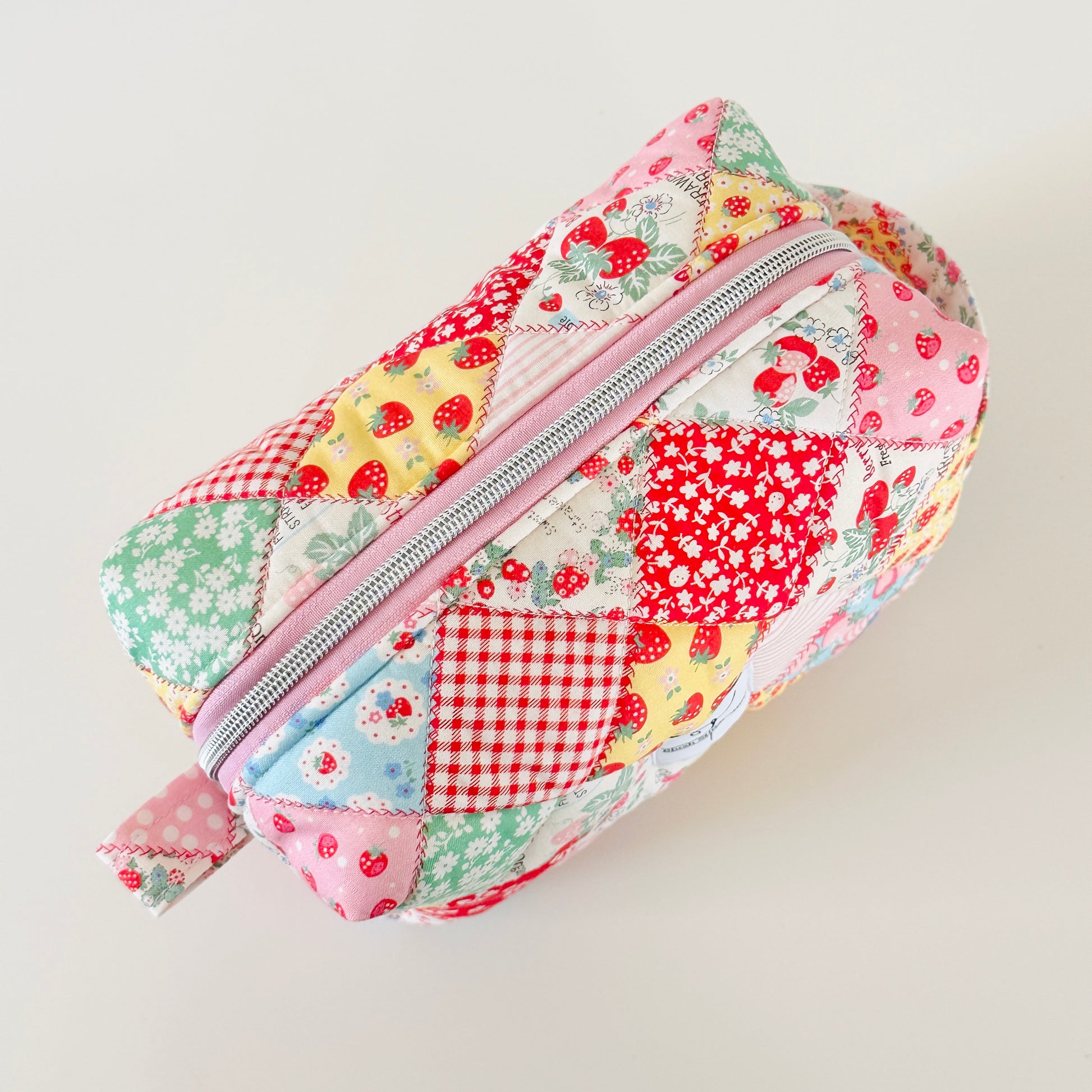 strawberry patchwork quilted makeup bag. made in canada