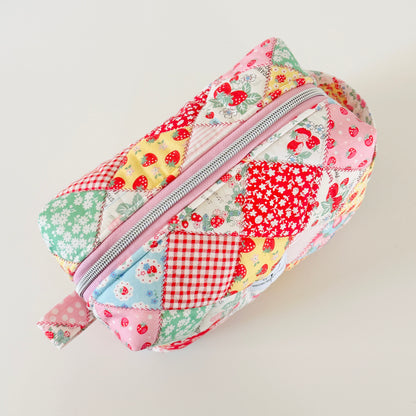 strawberry patchwork quilted makeup bag. made in canada