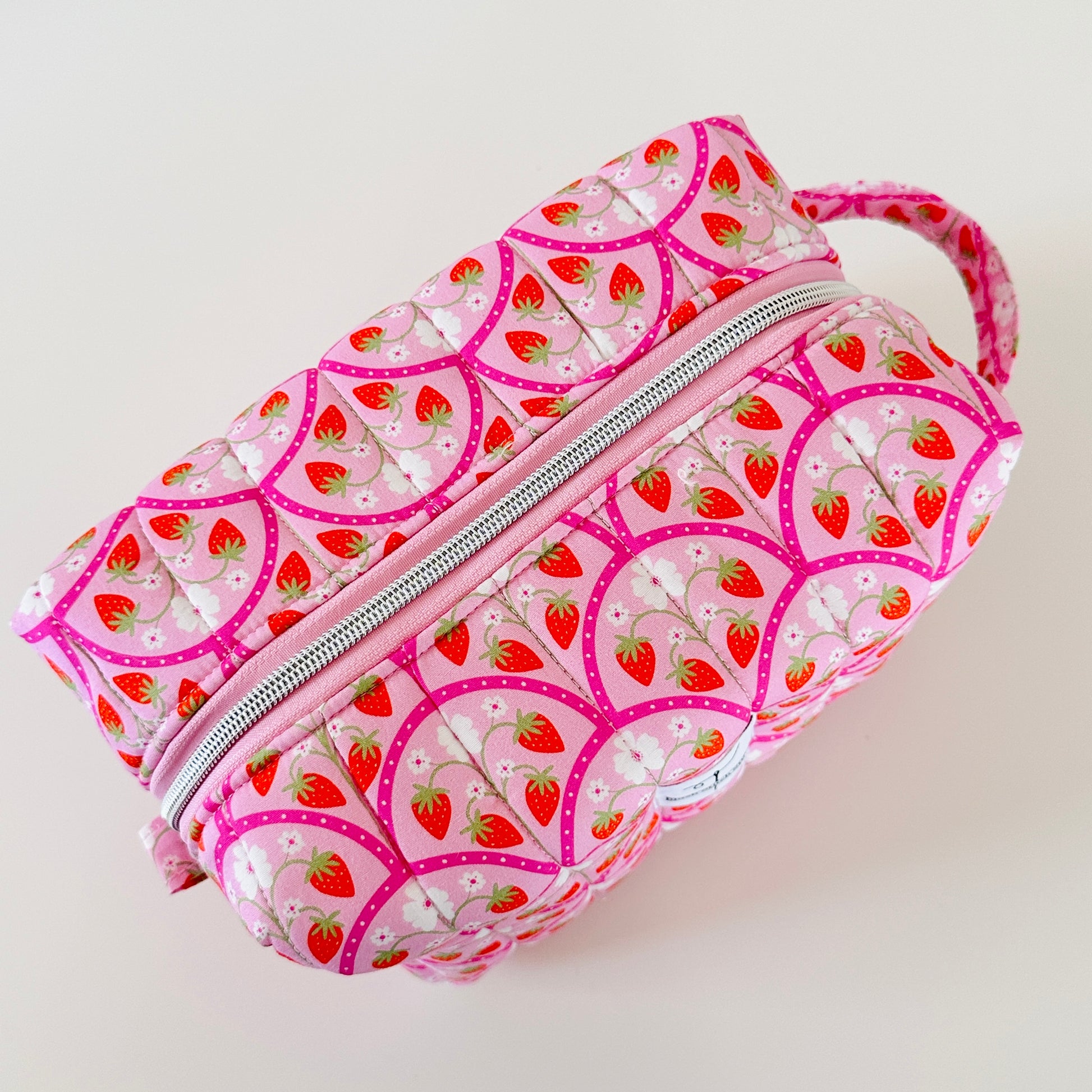 quilted pink strawberry makeup bag cosmetic pouch. made in canada. 