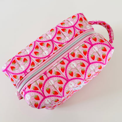 quilted pink strawberry makeup bag cosmetic pouch. made in canada. 