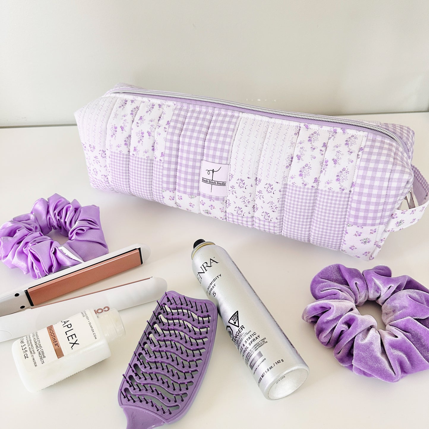 lilac patchwork quilted hair tool bag
