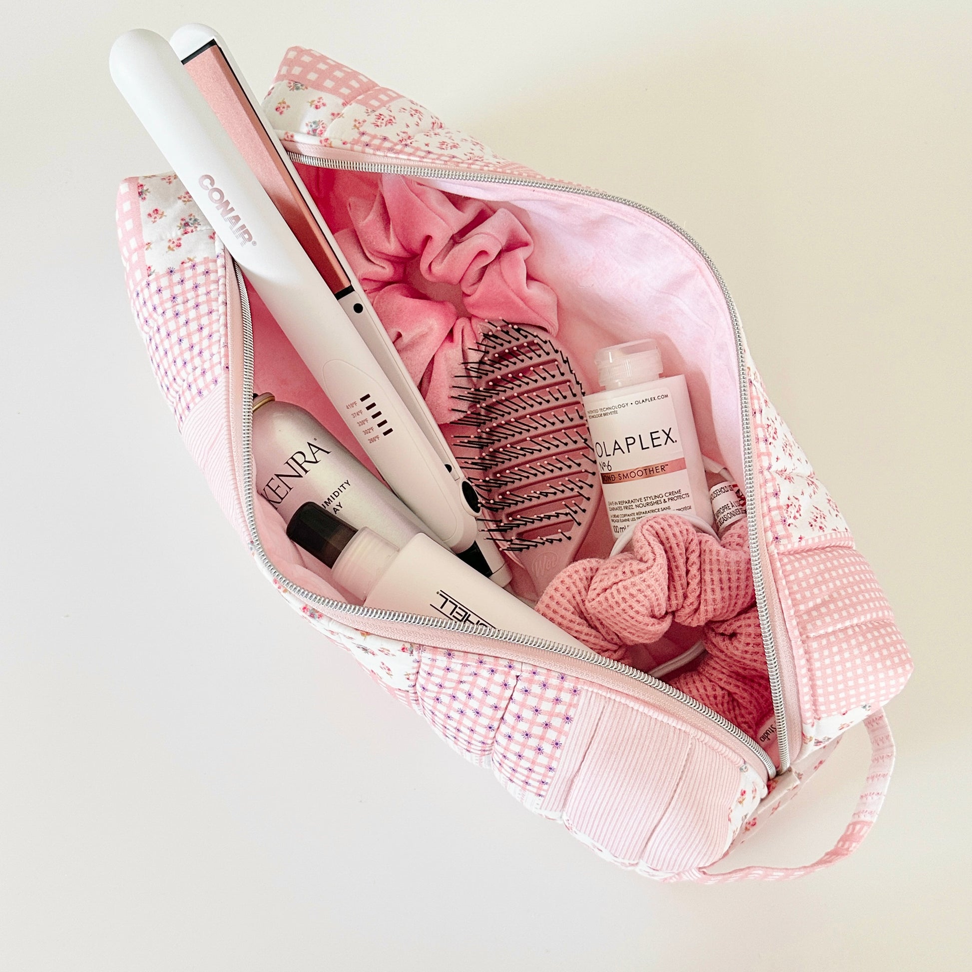 pink patchwork hair tool bag