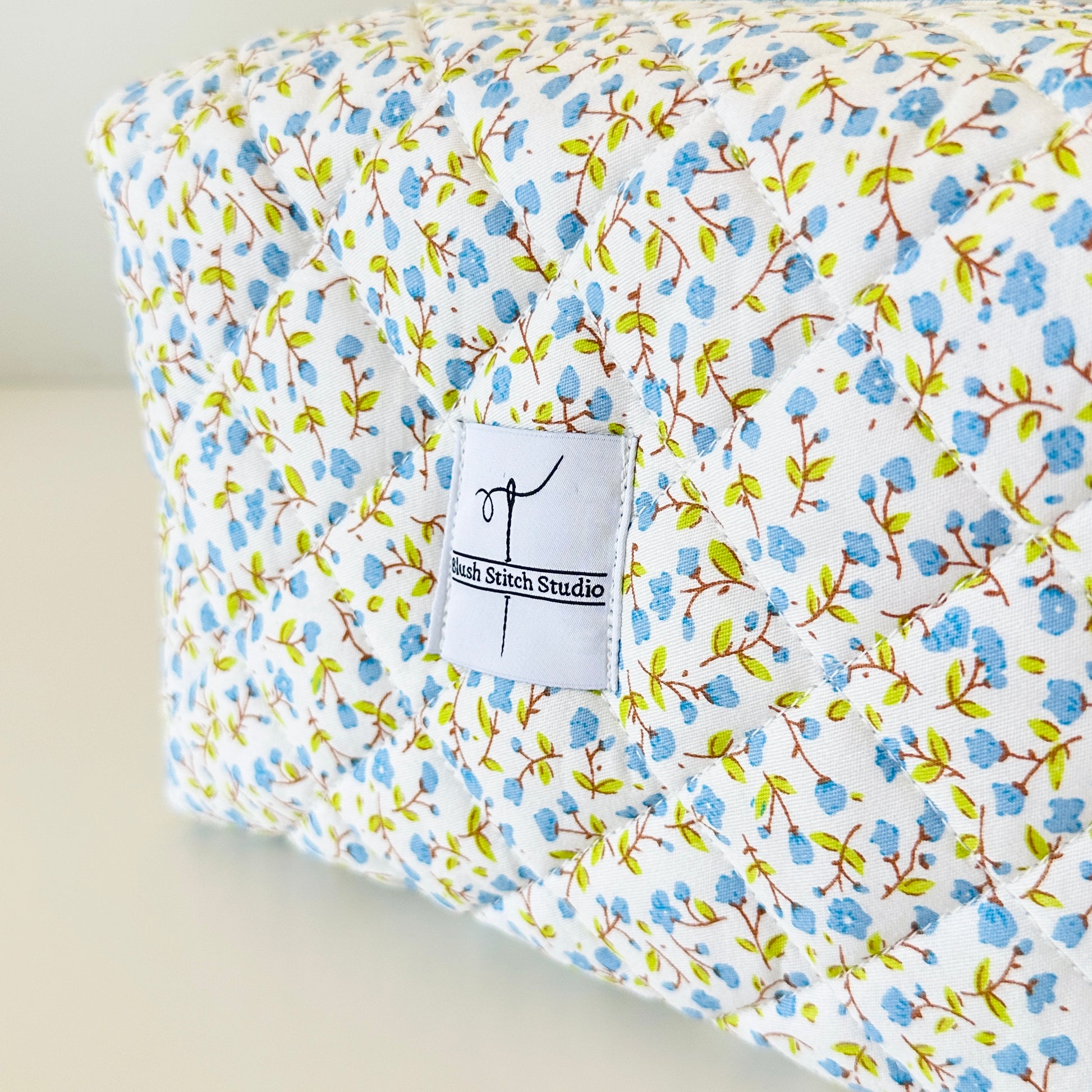 blue floral quilted makeup bag. handmade in canada. 