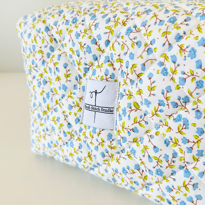 blue floral quilted makeup bag. handmade in canada. 