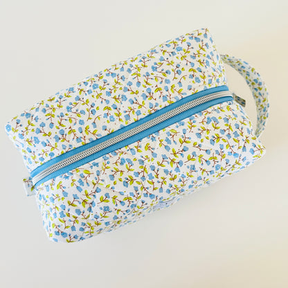 blue floral quilted makeup bag. handmade in canada. 