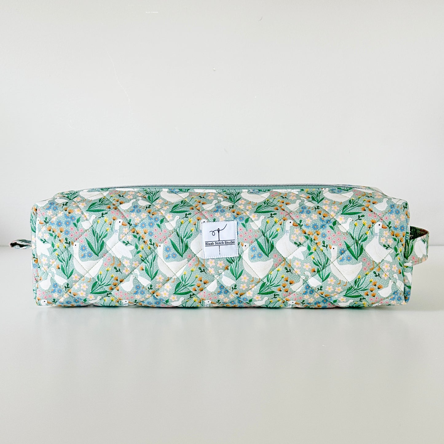 cottage core green goose quilted hair tool bag. made in canada