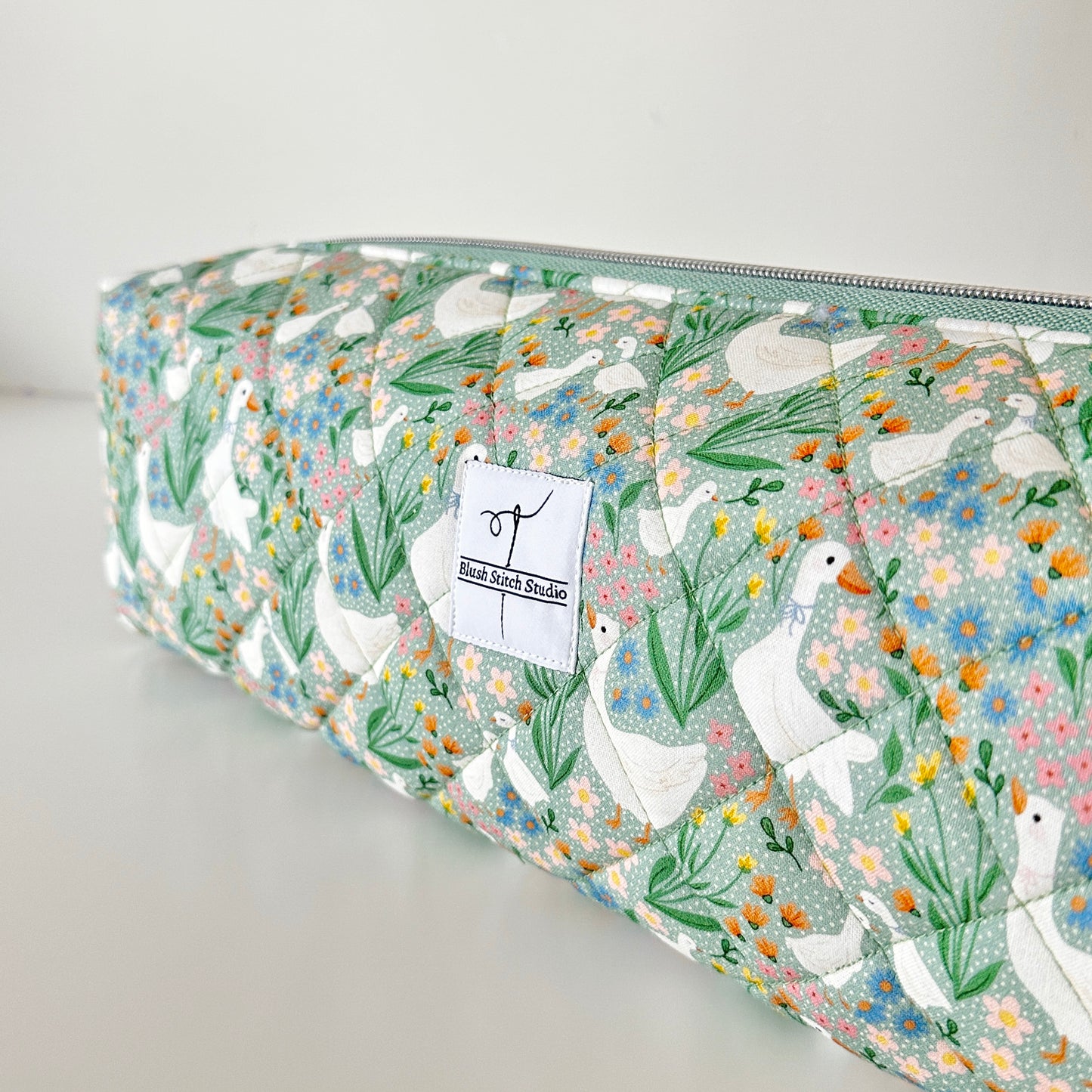 cottage core green goose quilted hair tool bag