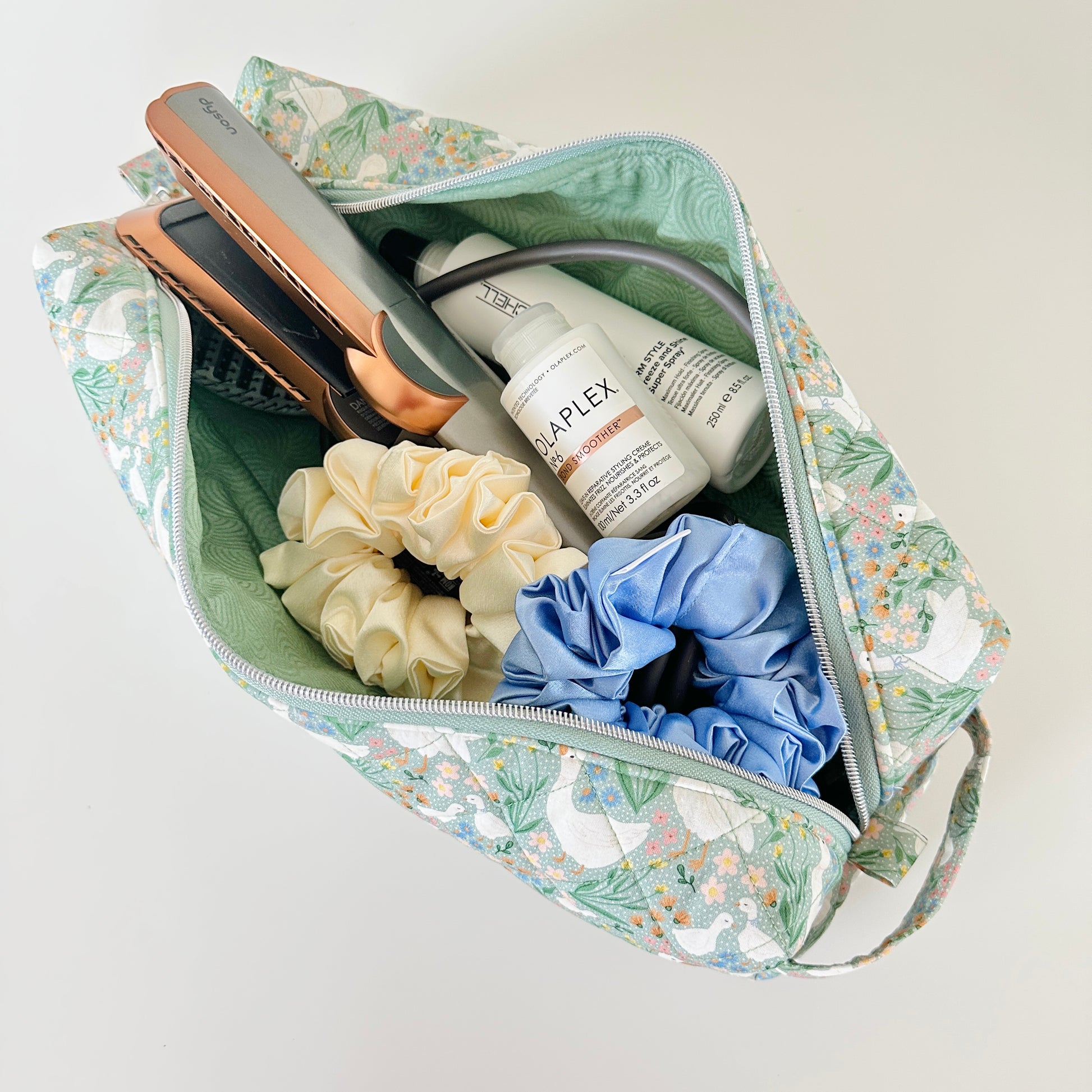 cottage core green goose quilted hair tool bag