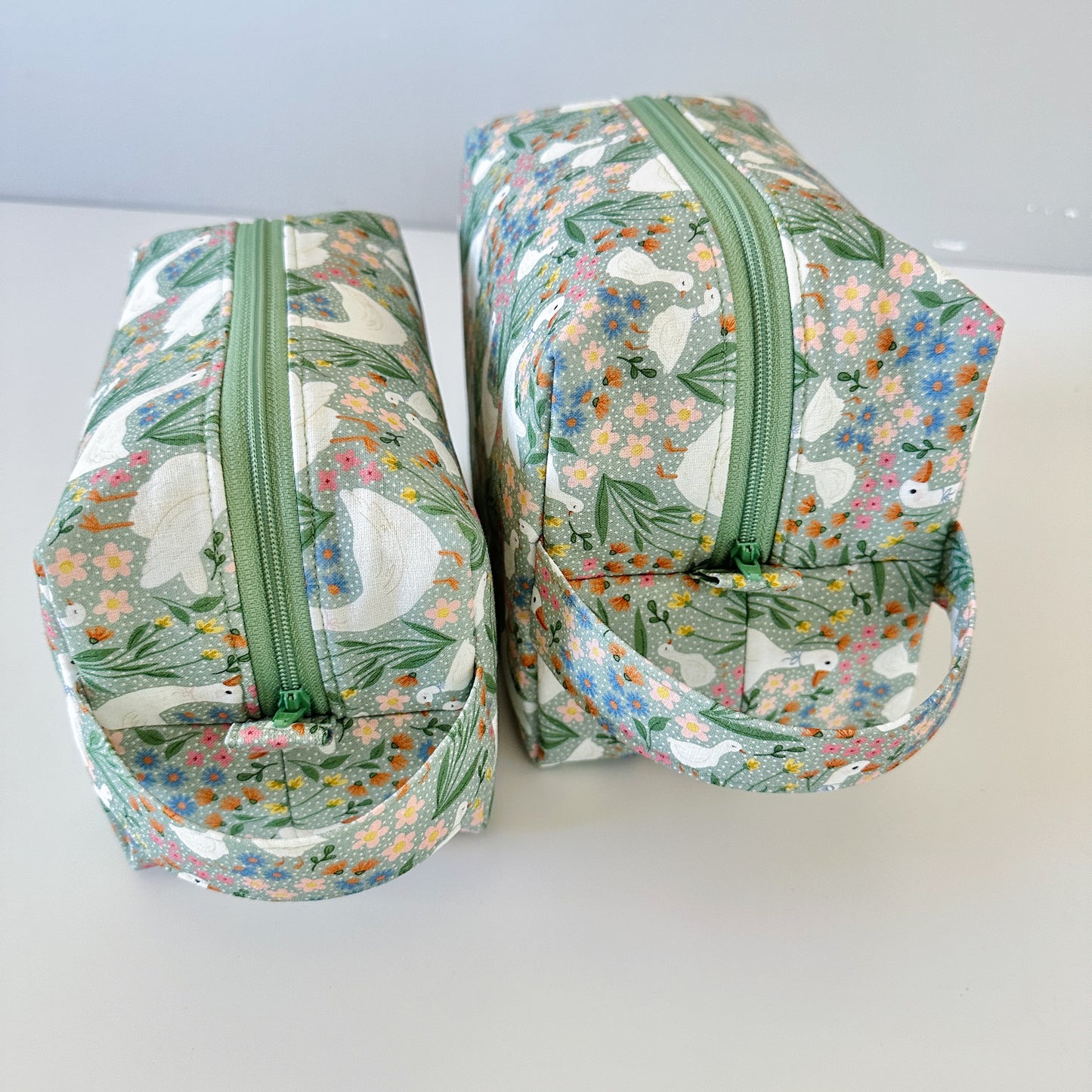 green goose floral cotton makeup cosmetic bags. coquette cottagecore design