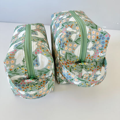 green goose floral cotton makeup cosmetic bags. coquette cottagecore design